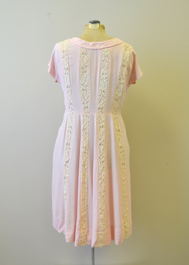 1940s Rose Pink Linen Dress with Lace