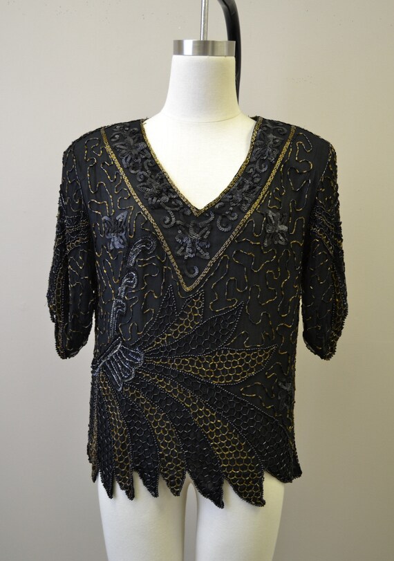 1980s Black Matte Sequin Blouse - image 3