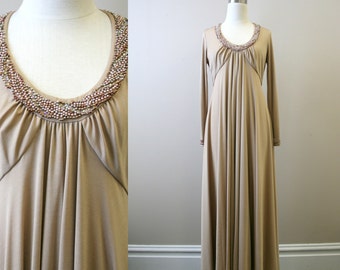 1970s Taupe Beaded Knit Maxi Dress