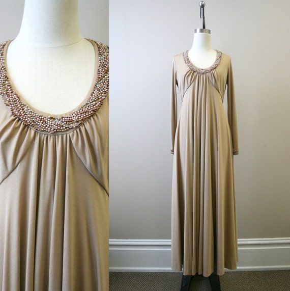 1970s Taupe Beaded Knit Maxi Dress - image 1