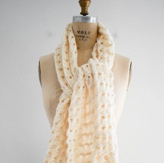 1970s Cream Open Knit Wide Fringed Scarf - image 1