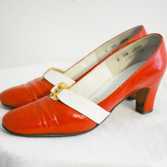 1960s Palizzio Red-Orange and White Patent Heels,… - image 1