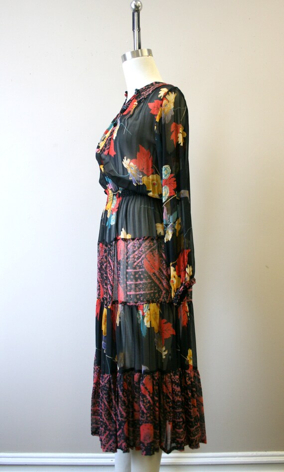 1970s Adini Floral Chiffon Tiered Midi Dress - image 4