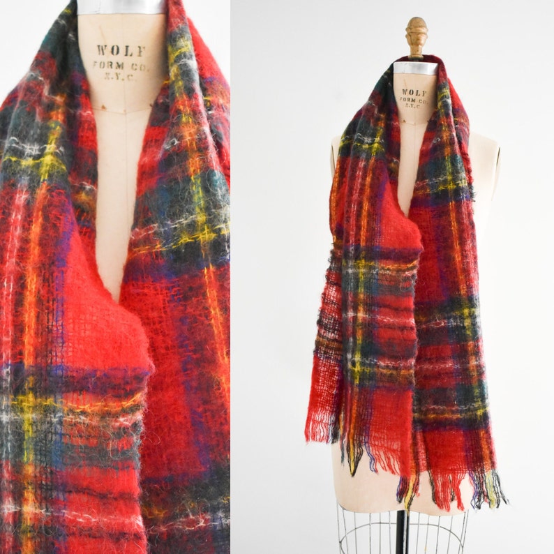 Vintage Mohair Red Plaid Scarf image 1