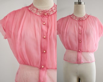 1940s Pink Sheer Nylon Blouse