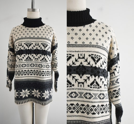1990s Cream and Black Fairisle Tunic Sweater - image 1