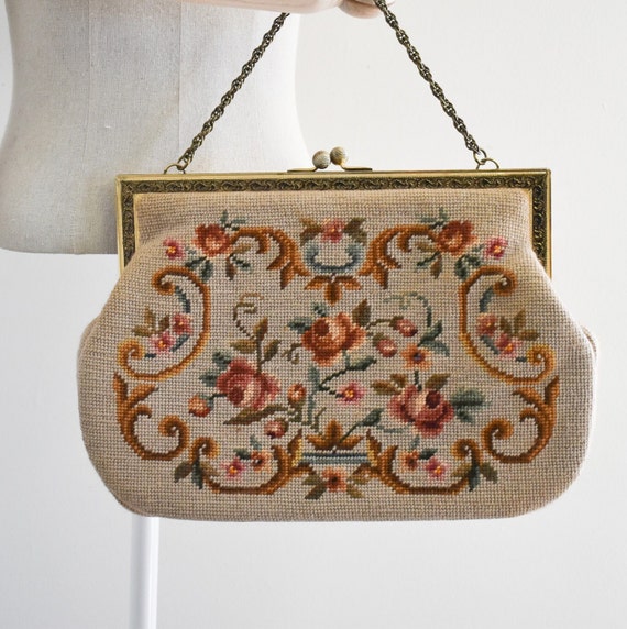 Vintage Lined Needlepoint Cloth Bag with Wooden Handles, Sewing, Crochet