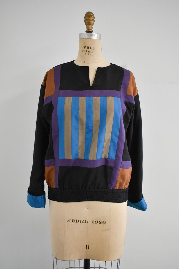 1980s Silk Patchwork Blouse - image 3