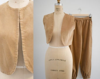 1970s Three Piece Tan Corduroy Set with Jacket, Vest, and Knickers