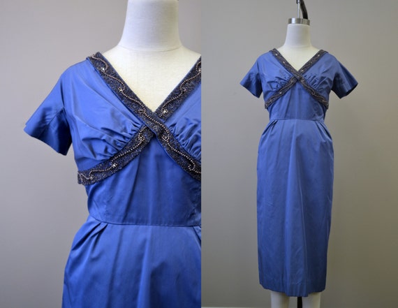 1950s Taffeta Beaded Wiggle Dress