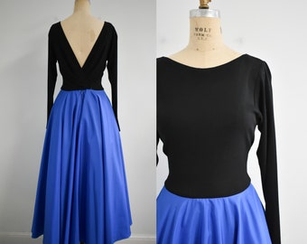 1980s Black and Royal Blue Formal Dress