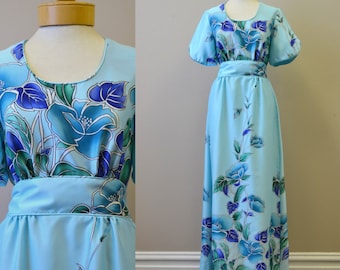 1960s Hilo Hattie's Blue Floral Hawaiian Maxi Dress