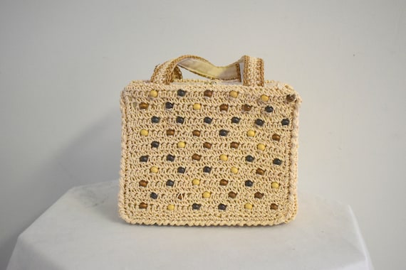 1960s Magid Cream Crochet Handbag with Wooden Bea… - image 2