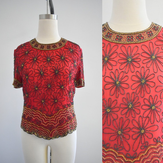 1990s Red Daisy Beaded Blouse - image 1