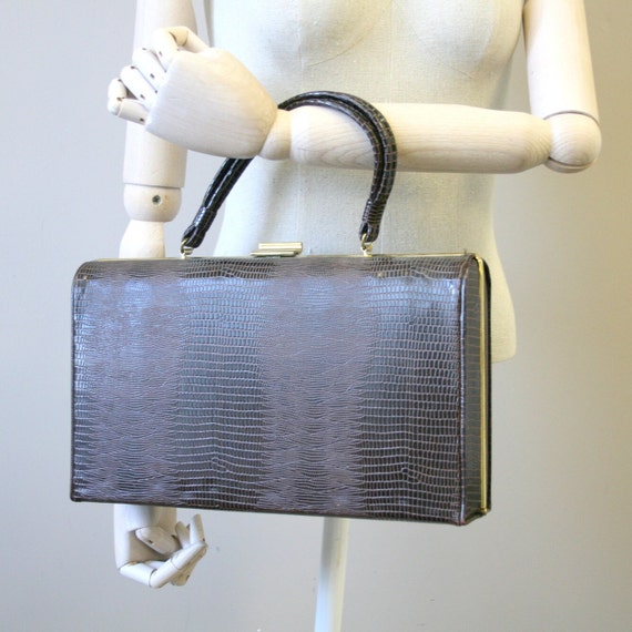 1950s Dover Faux Reptile Brown Handbag - image 1