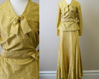 1970s Beverly Paige Metallic Gold Blouse and Skirt Set