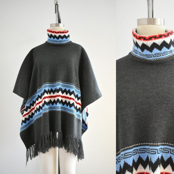 1970s Geometric Sweater Poncho - image 1