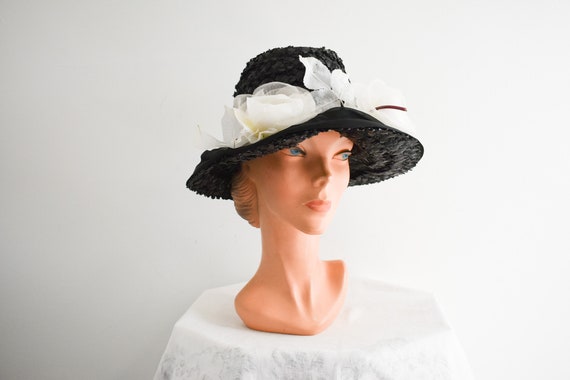 1960s Mr. Frank Black Straw Hat with Sheer White … - image 2