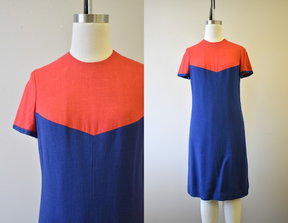 1960s Pamela Martin Red and Navy Linen Dress