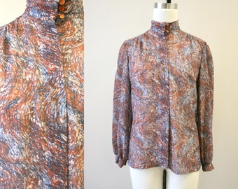 1980s Brown Marbled Print Blouse