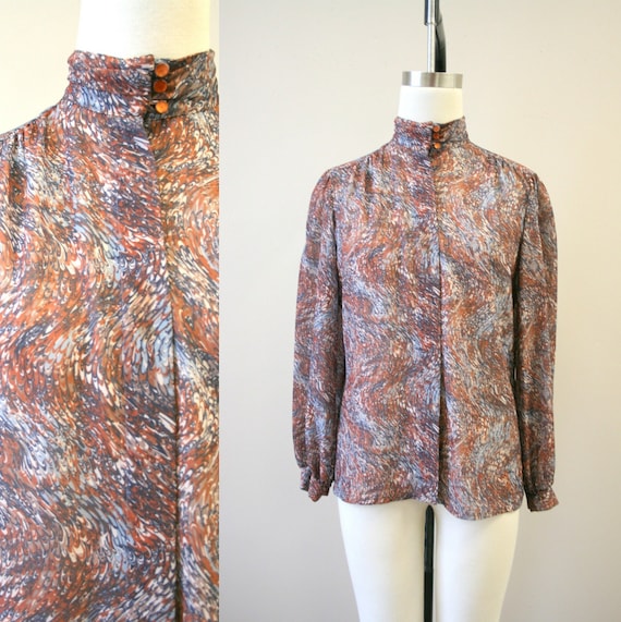 1980s Brown Marbled Print Blouse - image 1