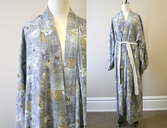 1940s/50s Gray Landscape Print Rayon Kimono