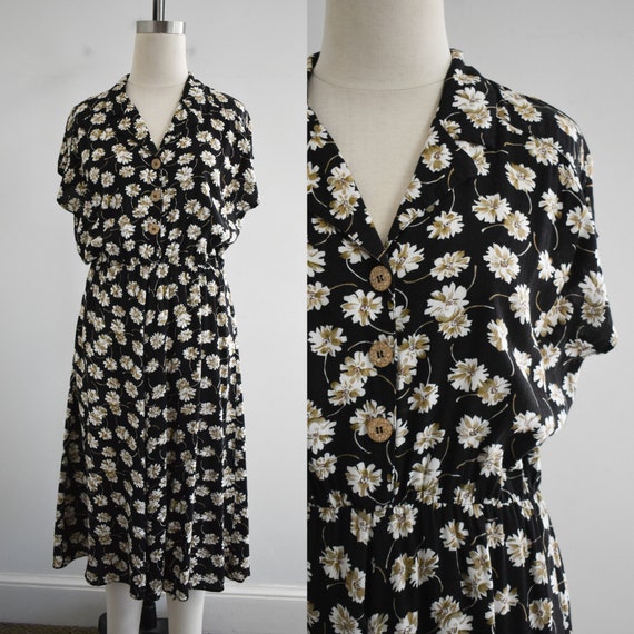 1990s Black and Tan Floral Midi Dress