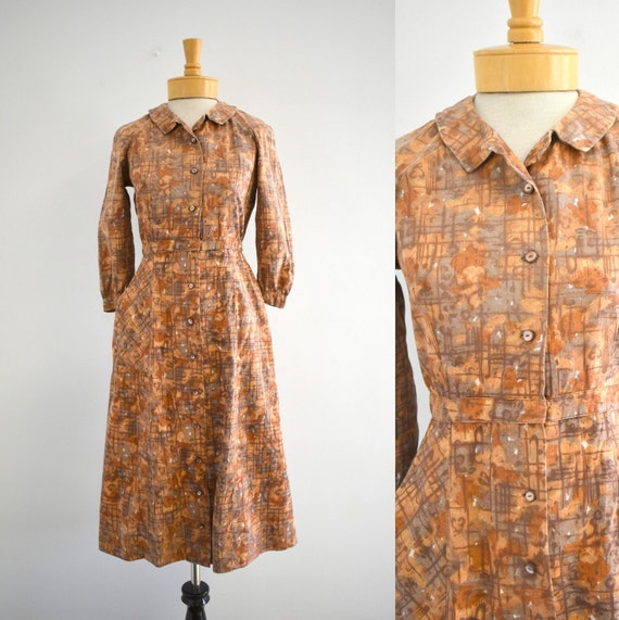 1940s Brown Printed Cotton Shirtwaist Dress - image 1