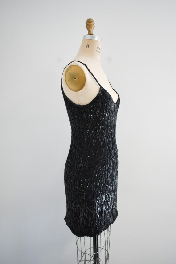 1990s Sequin and Beaded Black Mini Dress - image 4