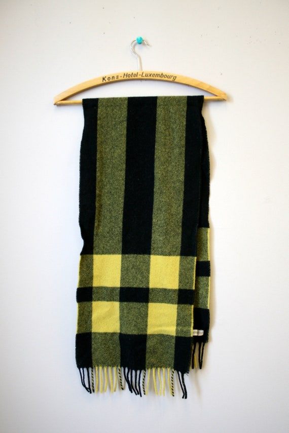 1980s Cadaz Yellow and Black Plaid Lambswool Scarf - image 3