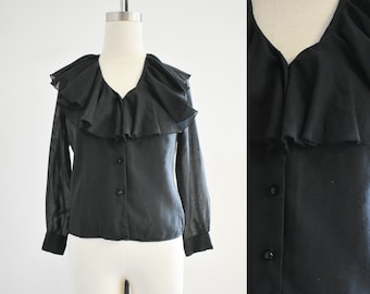 1960s Black Ruffled Blouse