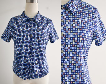 1990s/Y2K Blue Floral Knit Shirt