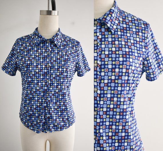 1990s/Y2K Blue Floral Knit Shirt - image 1