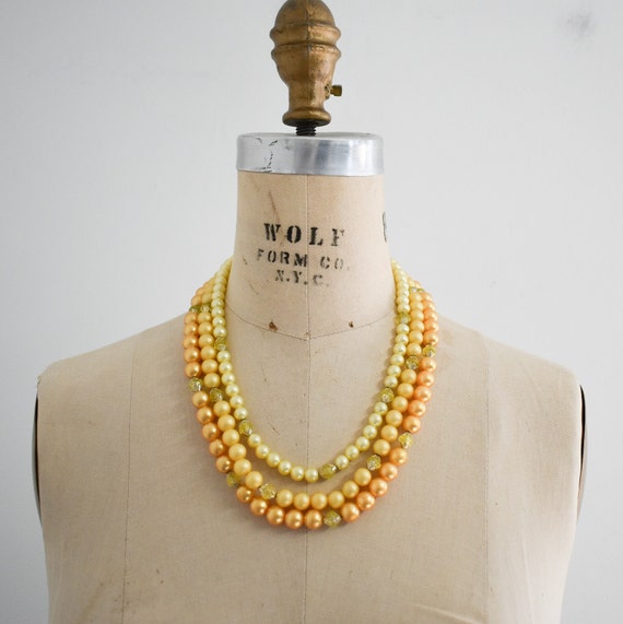 1960s Yellow Faux Pearl Three Strand Necklace