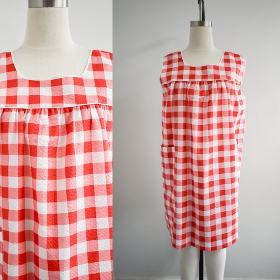 1980s Red and White Gingham House Dress - image 1