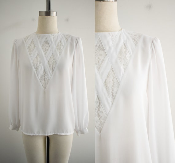 1980s White Lace Applique Blouse - image 1