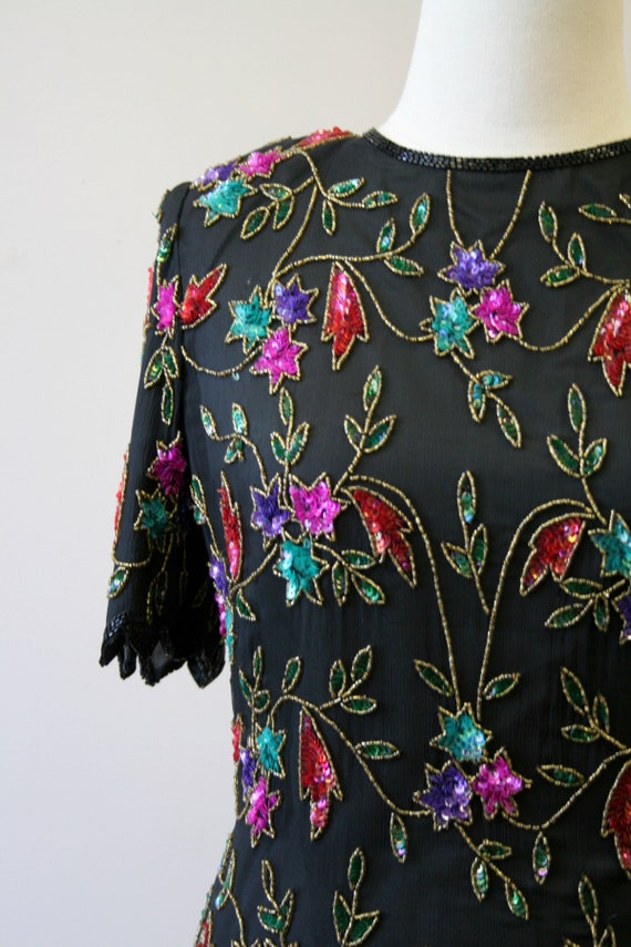 1980s Laurence Kazar Floral Sequin and Bead Blouse - image 3