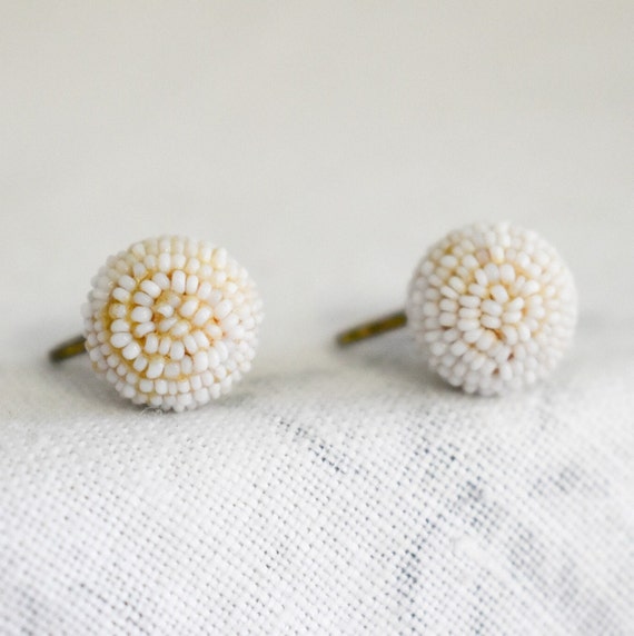 1930s/40s White Seed Bead Ball Screw Back Earrings - image 1