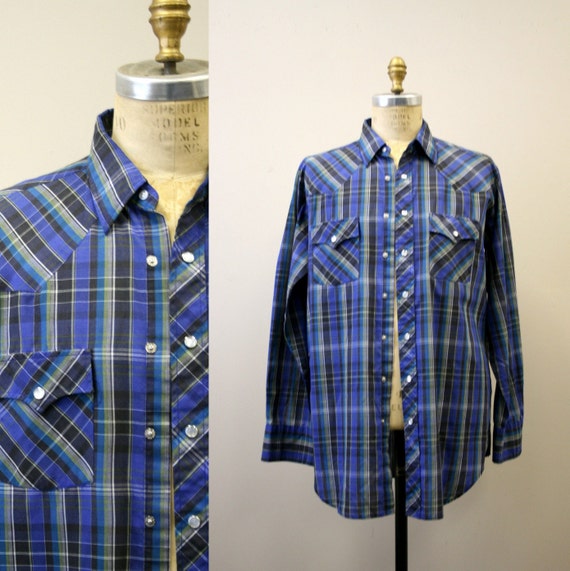 1970s Men's Blue Plaid Western Shirt