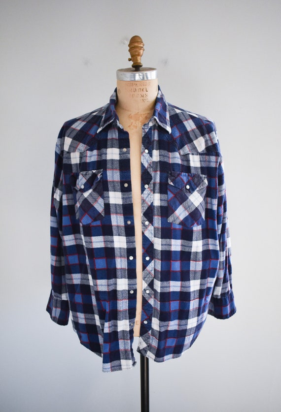 1970s/80s Blue Plaid Flannel Shirt - image 3