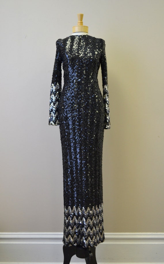 1970s Black and Silver Chevron Sequin Full Length… - image 5
