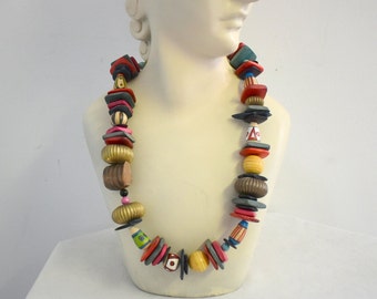 1980s Rainbow Wooden Bead Necklace