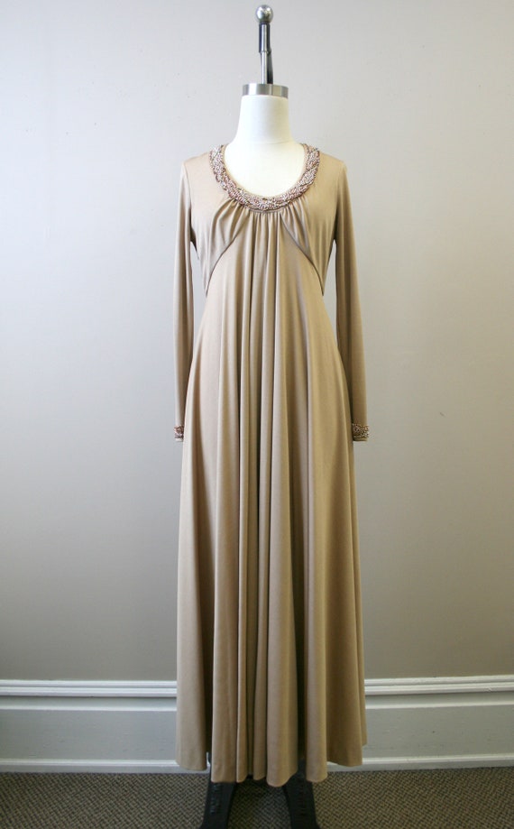 1970s Taupe Beaded Knit Maxi Dress - image 3