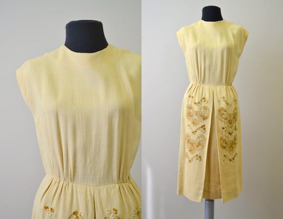 1950s Golden Embroidered Linen Dress