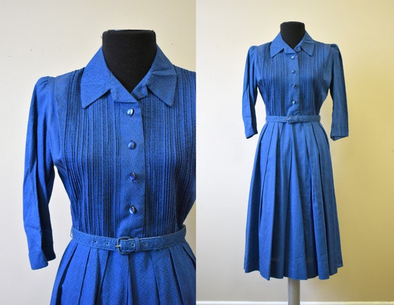 1950s Betty Barclay Blue Cotton Dress