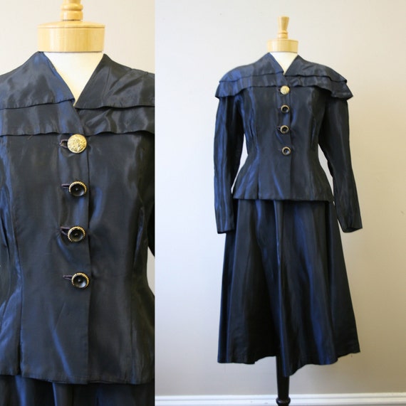 1940s Navy Taffeta Jacket and Skirt Set - image 1
