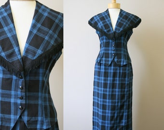 1940s Blue and Black Plaid Wool Fringed Skirt Set