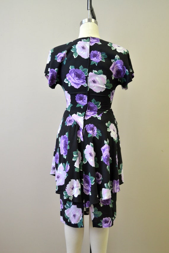 1980s-does-40s Purple Rose Print Dress with Peplum - image 5