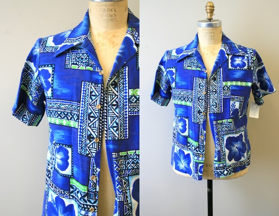 1950s Men's Blue Barkcloth Hawaiian Shirt
