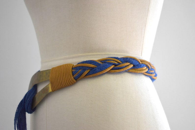 1980s Hammered Brass and Blue Jute Hip Belt